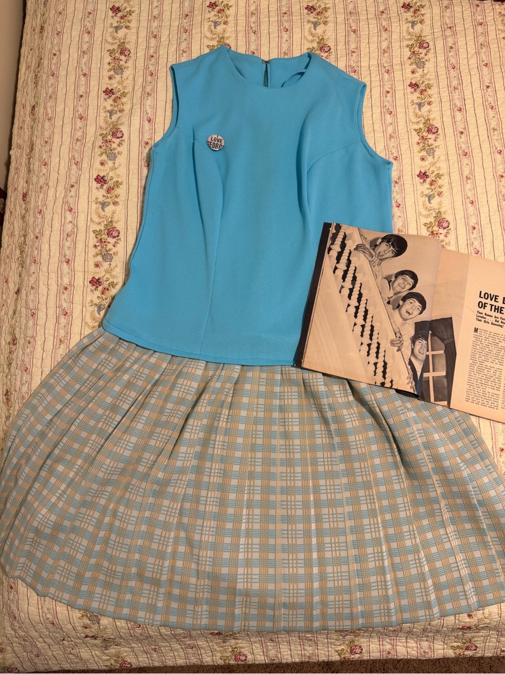 True Vintage 1960s Mod Drop Waist Pleated Plaid Dress Blue Sleeveless S/M Medium